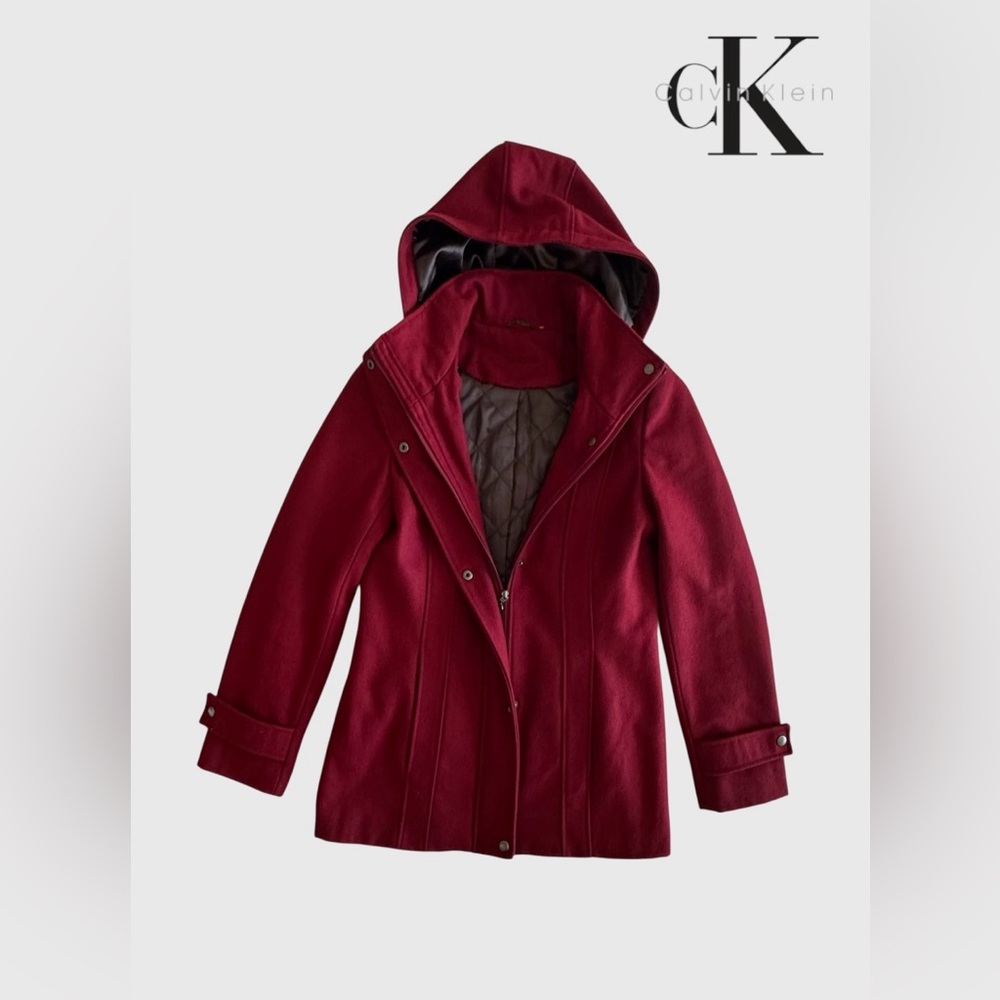 Calvin Klein Women's Wool Blend Burgundy Hooded Coat - Picture 4 of 10
